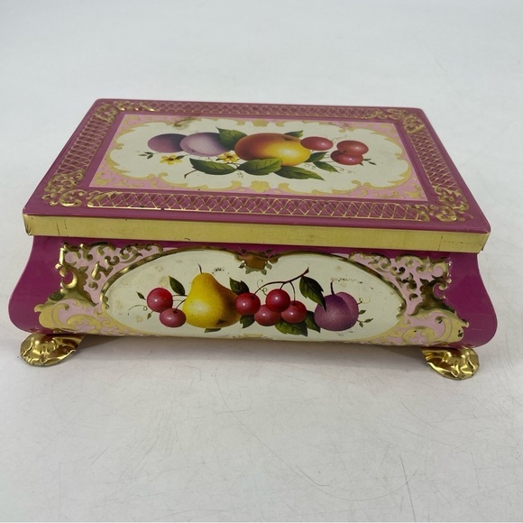 Vintage Frida & Nada Western Germany Fruit Motif Footed Pink & Gilt Metal Tin - Picture 1 of 7